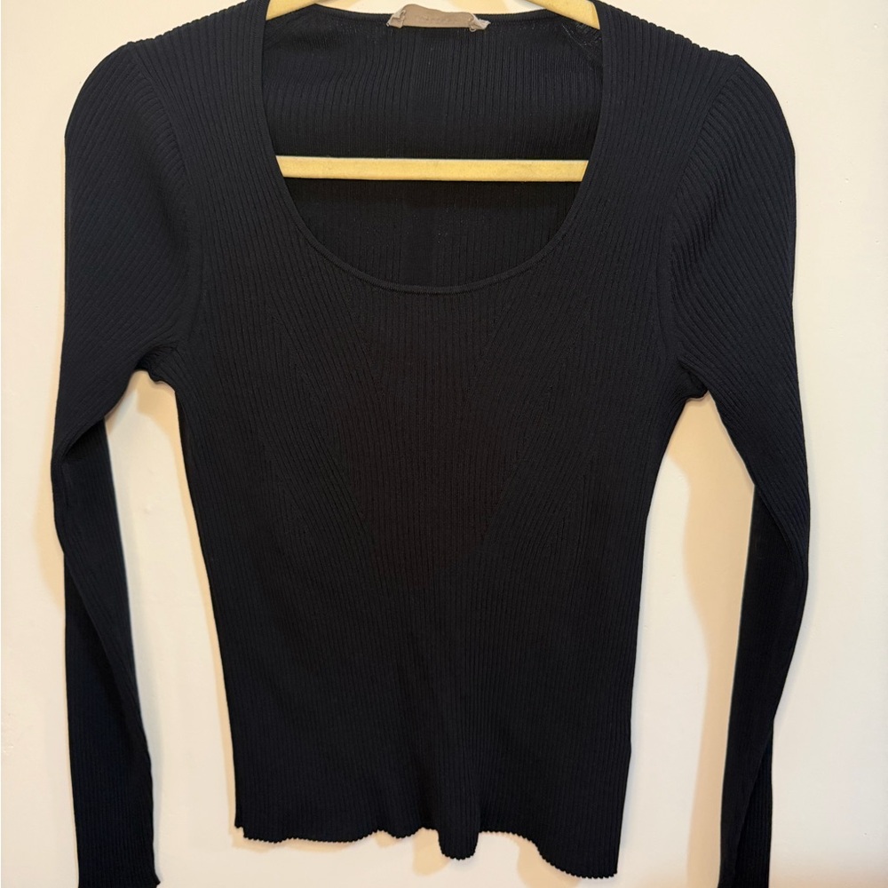 Everlane Black Viscose Ribbed Long Sleeve Top